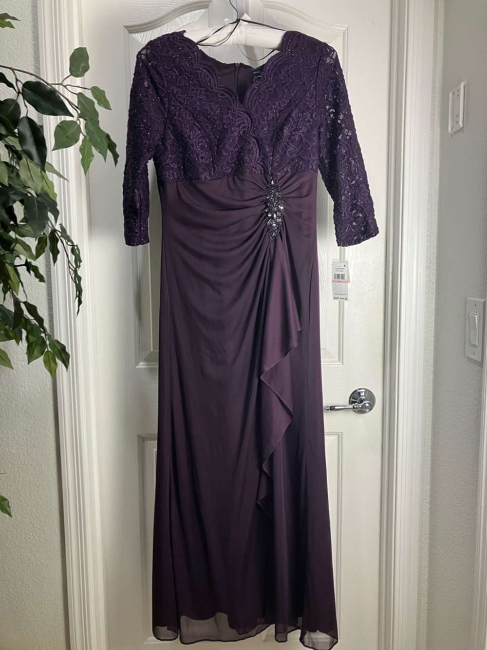 Alex Evenings Plum Lace Bodice Maxi Gown with Jewel Detail